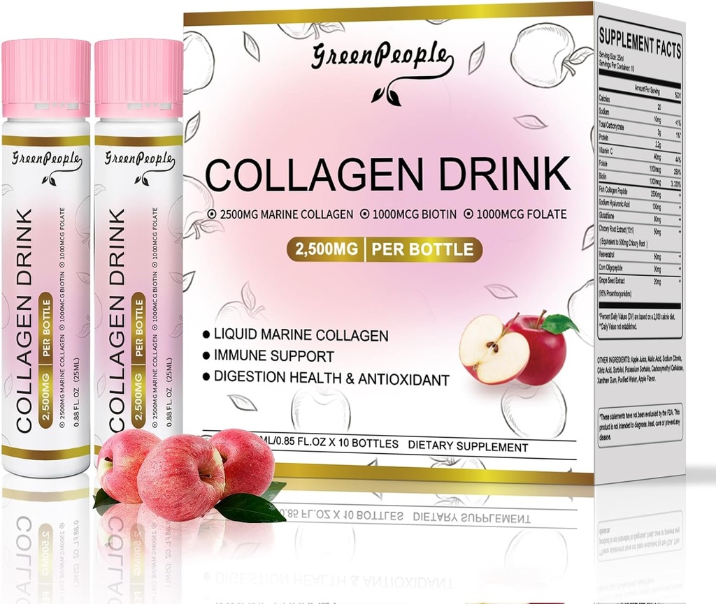 GREENLIONS Liquid Collagen pro ženy a muže, Fish Collagen Peptides + Hyaluronic Acid + Vitamin Bs & C, Vlasy Kožní nehty Sponky Kostní podpora (0.85 fl oz, 10 lahví, Apple)