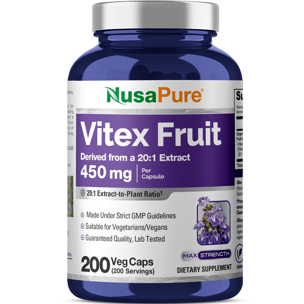 NusaPure Vitex Chasteberry Fruit 20: 1 Extract, 450 mg Ekvivalentní s 9 000 mg 200 Vegan Kapsle - Non- GMO, Vegan Dietní dodatek