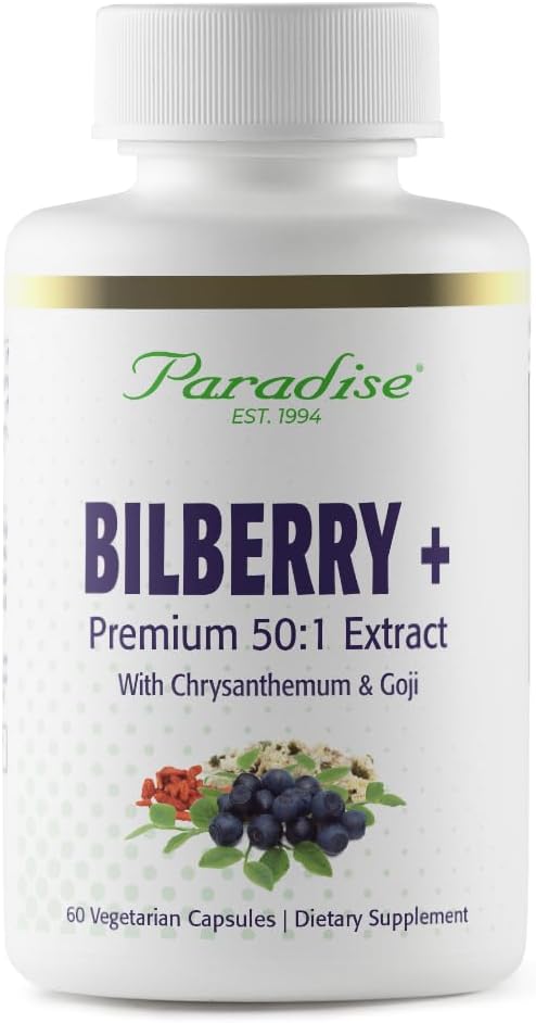Paradise Bylinky Bilberry s Goji & Chryzanthemum doplňky, Super potent, Ultra čisté, Non-GMO, gluten zdarma, Vegan, 60 Vegetariánské kapsle