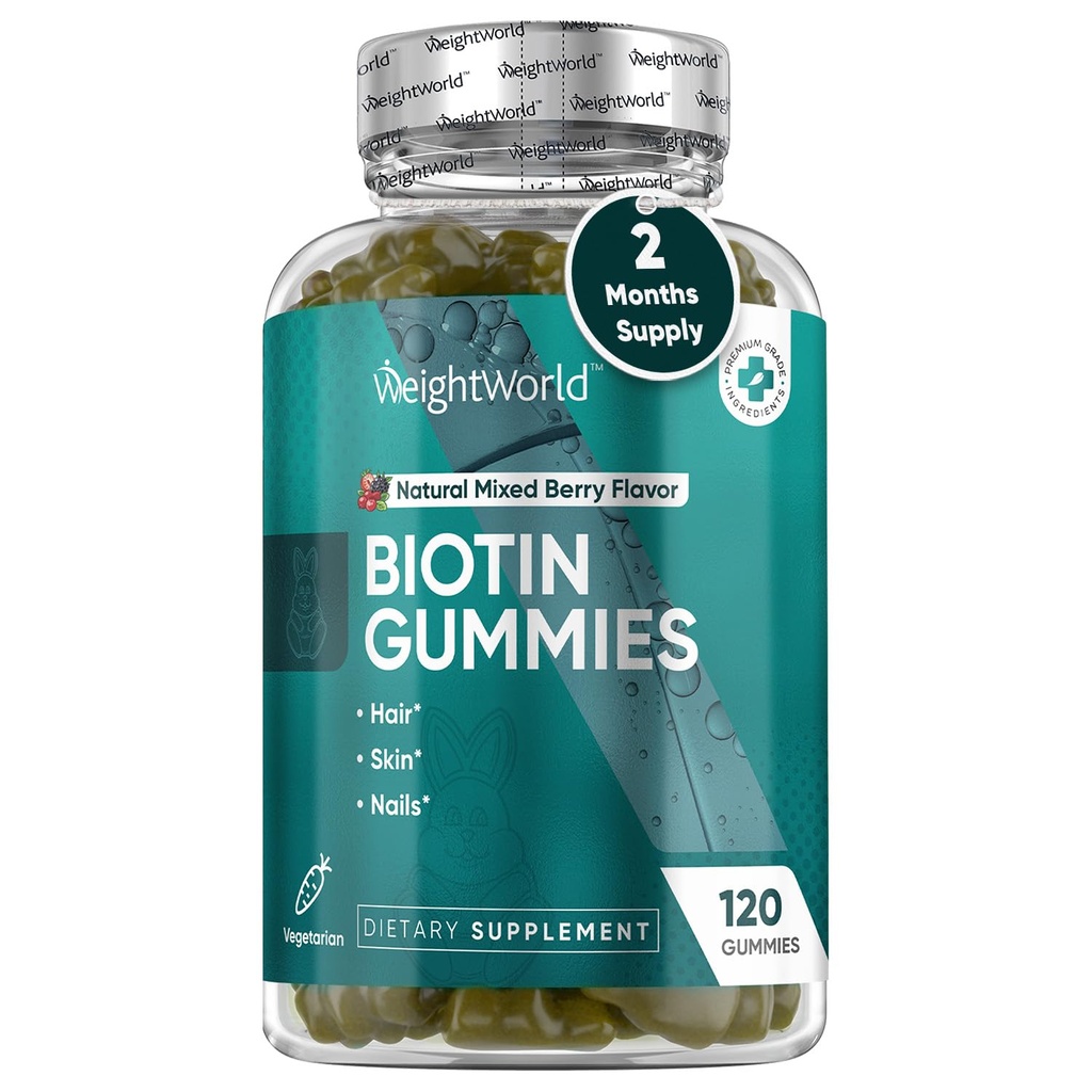 BiothWorld Biotin Gummies for Hair, Skin & Nails 5000mcg - 120 Count (60 Servings) - Biothin doplňky pro ženy a muže - Přírodní smíšené Berry Ochucené Biotin Gummy - Vegetarian & Third-Party Tested