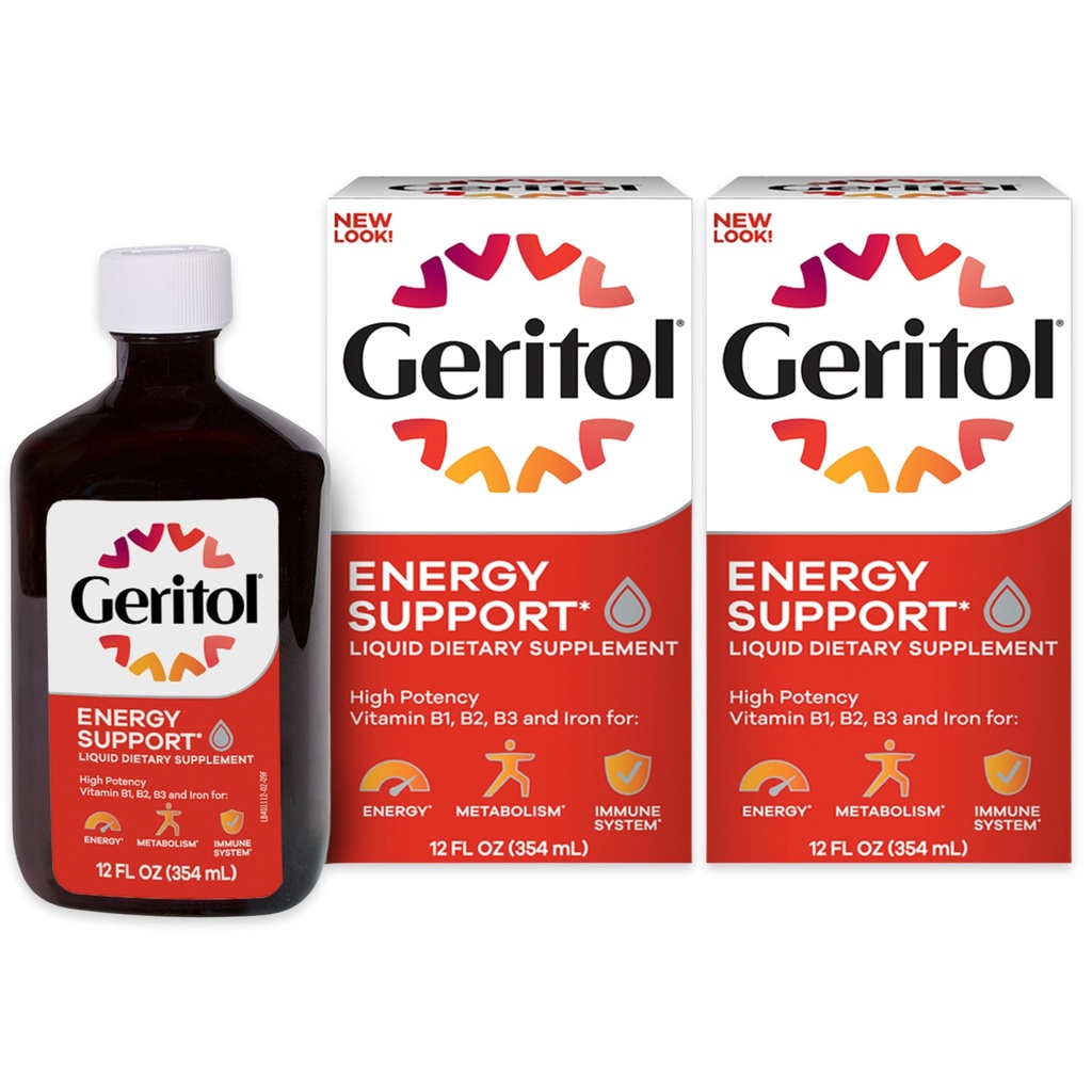 Geritol tekutý vitamín a doplňk železa, Energetická podpora, Obsahuje vysoké potence B-vitaminy a železo, Příjemné Ochutnávání, Snadno polykat, Žádné umělé Sweeteners, Non- GMO, 12 Oz, 2 Pack
