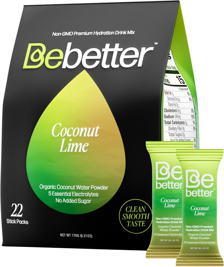 Bebetter Organic Electrolytes Powder Packets CLAS124; Daily Electrolyte Drink Mix CLAS124; Organic Coconut Water CLAS124; No Umělé Flavors CLAS124; Sugar Free Hydration Packets CLAS124; Non- GMO CLAS124; 22 Sticks Pack (Coconut and Lime)