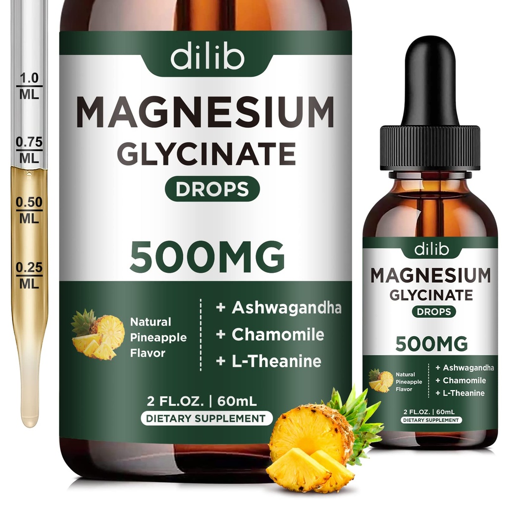 Glycinát hořečnatý 500 mg - Kapky tekuté hořčíku, Ashwagandha, L - Theanin, Heřmánek - Reliéf klidu a stresu, relaxace, klidný spánek, svalové srdce zdraví, Vegan - 2 Fl Oz (30 dní)
