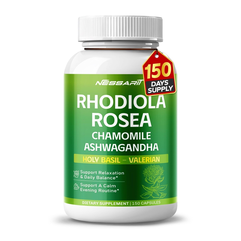 RHODIOLA ROSEA Supplement- 11- in-1 Natural Blend with Heamomile L- Theanine Ashwagandha Holy Basil Valerian Passionflower - 150 Count - Made & Tested in The USA