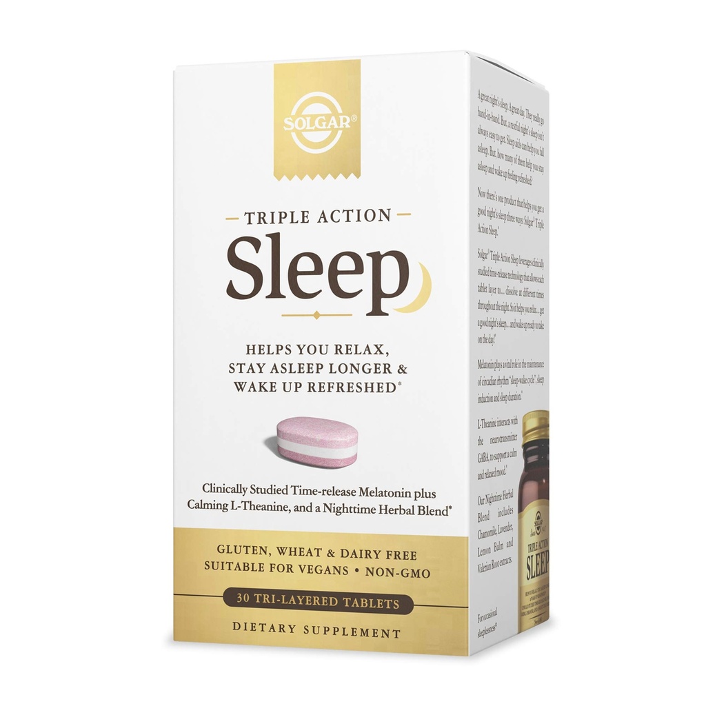Solgar Triple Action Sleep, 30 Tri-Layer Tablety - Time-Release Melatonin & L-Theanine Plus Bylinné míchání - Pomáhá vám relaxovat, Spadnout a spát rychleji a zůstat déle - Non- GMO, gluten zdarma - 30 Služeb
