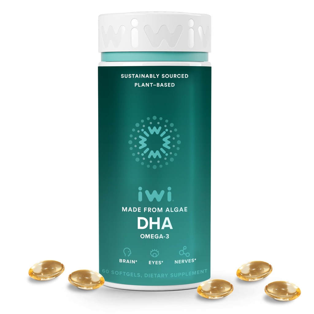 Iwi DHA Omega-3, 60 Softgels (30 Služeb), Plant- based Algae Omega 3, Mozek, Eye & Nervový systém podpora Dietní dodatek, Krill & Fish Oil Alternative, No Fish Aftache