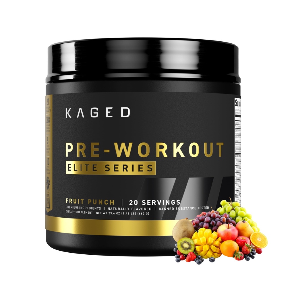 Kaged Pre Workout Elite Powder 124; Ovocný punč 124; Předcvičení s Creatine, Beta Alanine, L- Citruline, BCAAs CU124; 388 mg Organic Caffeine CU124; Předběžné doplňky pro muže a ženy 124; 20 Služeb