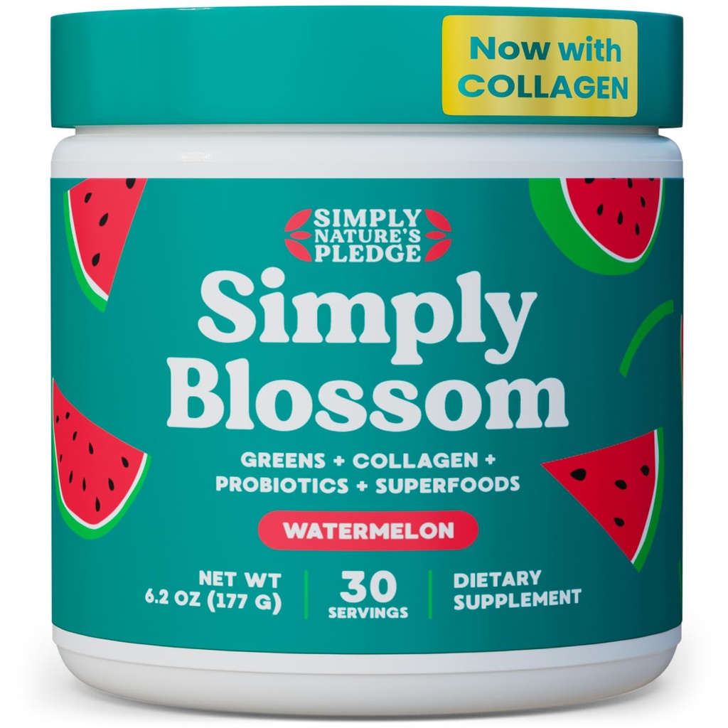 Jednoduše Blossom Nutrition Daily Green & Superfood Powder + Collagen + Probiotika pro ženské stravitelné zdraví a nadýmání úlevy. Nápověda Your Health Bloom - 30 Day Supply - Meloun