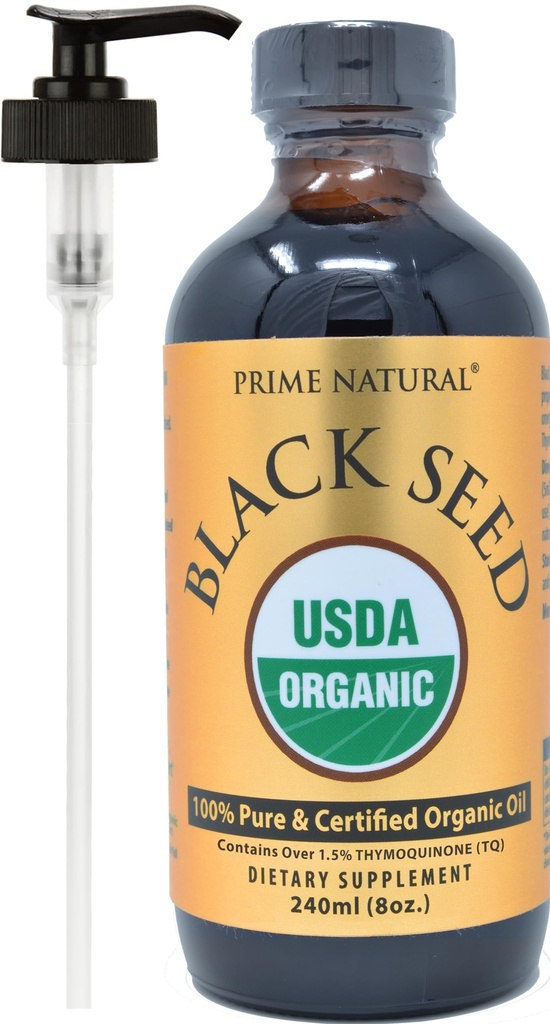 PRIME NATURAL Organic Black Seed Oil 8oz Oil 124; Cold Pressed Unrafinated High Thymoquinone 1.7% USDA Certified Oil 124; Turkian Origin Potent Pure Nigella Sativa Liquid Oil 124; Vegan Omega 3 6 9, Antioxidant