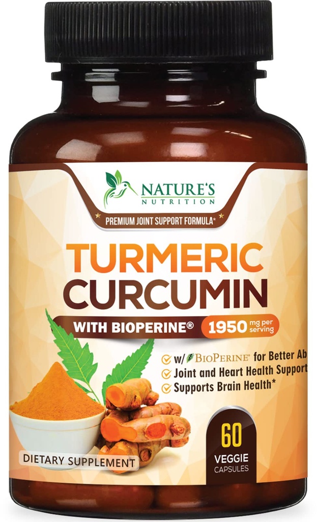 Kurkumin dodatek 1950mg - 95% kurkuminoidy s organickou kurkumou & BioPerine Black Pepper Extract pro nejlepší absorpci, Nature 's Vegan Joint Support, Non- GMO, Lahvička v USA - 60 Kapsle