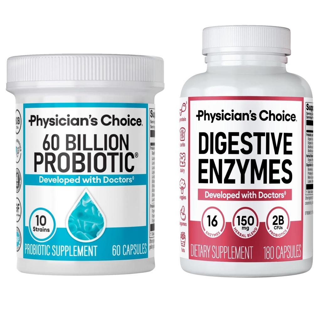 Lékařská volba - Optimální Gut Health Bundle: 60 miliard probiotických 60ct + trávicí enzym 180ct pro stravitelný komfort a imunitní podporu - Value Bundle