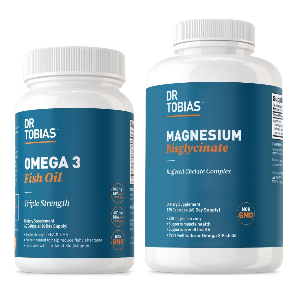 Dr. Tobias Omega 3 Rybí olej a hořčík Bisglycinát doplňky, vysoká absorpce, podporuje srdce, mozek, imunitní, energie, svalovina, kosti a společné zdraví, non-GMO