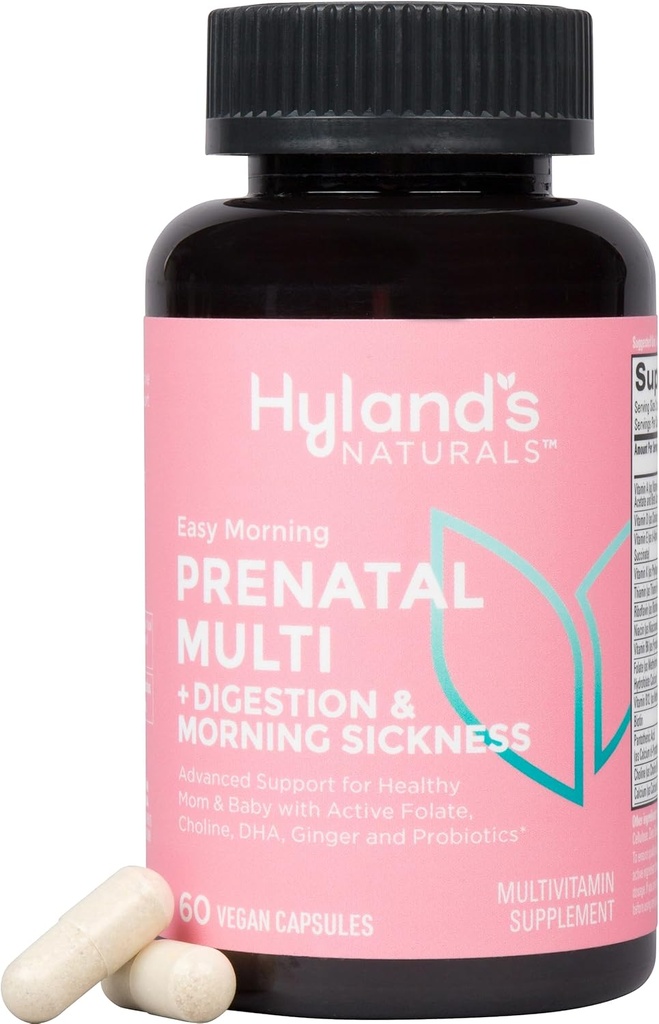 Hyland 's Easy Morning Prenatal Multivitamin a stravitelné zdraví a ranní nemoci Relief, 60 Vegan Kapsle s folátem, Cholin, Zinek, Ginger Root, Prebiotika a Řasy DHA