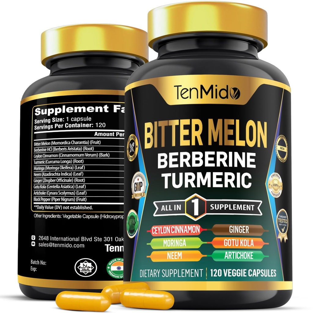 Hořké Melon Kapsle - 10in1 Formule - Kombinovat s Berberine, Ceylon Skořice, Turmeric, Moringa, Neem, Ginger, Gotu Kola, Artichod, a Black Pepper - 120 Kapsle pro 4 měsíce Dodávka