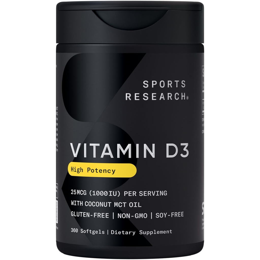 Sportovní výzkum Vitamin D3 1000iu (25mcg) Infuze s kokosovým olejem ~ Imunity & Bone Support ~ Non-GMO ověřený, Soy & gluten zdarma (360 Mini tekuté softbely)