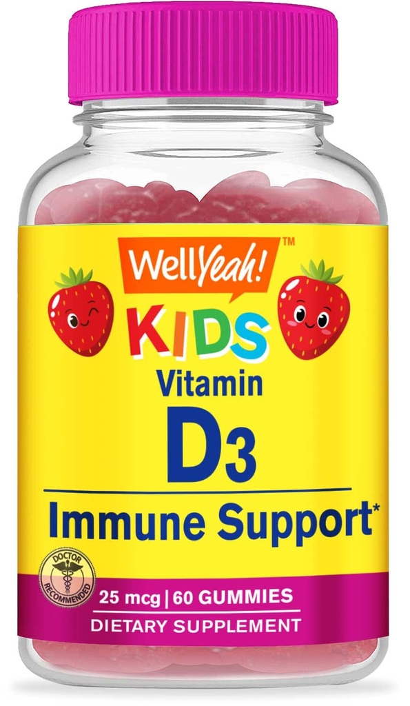 WellYeah Kids Vitamin D3 Gummies - 1000 IU (25 mcg) - Podporuje sílu a imunitu kostí - Non- GMO, gluten- Free - Jahodové aroma - Nutriční dodatek - 60 Služeb