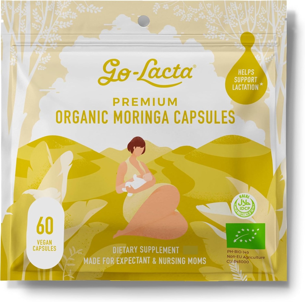 Go- Lacta ® 100% Organic Moringa Kapsle pro kojící matky - 60 Kapsle - Čisté Premium Postnatální Vitamíny - Kojení Doplňky ke zvýšení nabídky mléka - Postpartum Vitamíny pro ženy