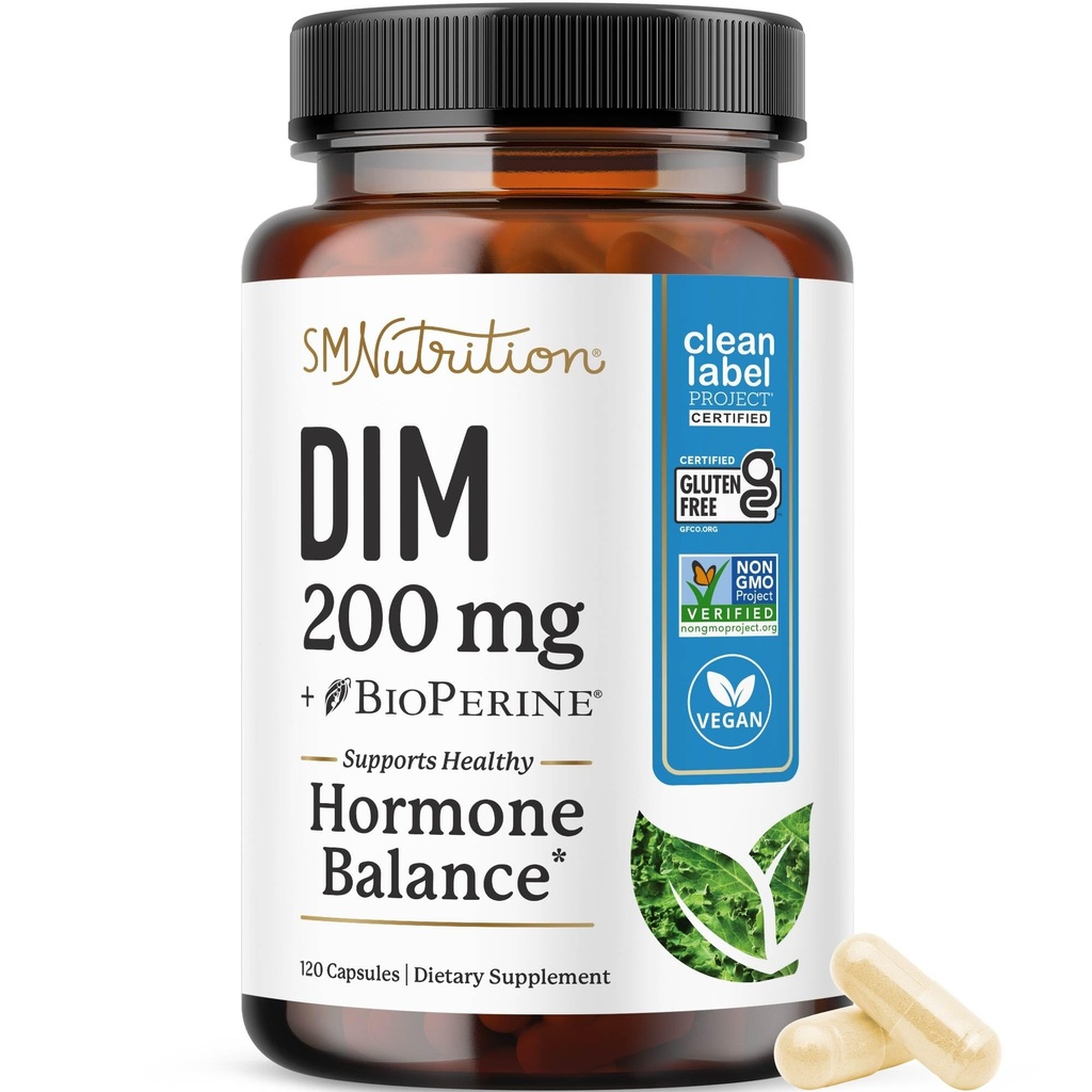 Doplněk DIM 200 mg (120 Ct) D124; Estrogen Balance pro ženy a muže D124; Hormon Balance, Hormonální Acne doplňky, Menopauza, Antioxidant & PMS Podpora D124; Non- GMO, Vegan, Soy Free D124; 4 Měsíční dodávky