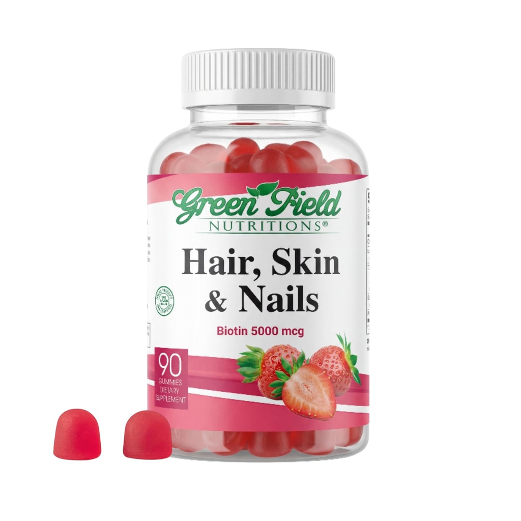 Greenfield Nutritions - Halal Biotin Gummies Vitamin pro vlasy, kůže a nehty, Podporuje metabolismus tuku, růst vlasů, Silné nehty a čistou pleť, želatina zdarma, Non- GMO, a gluten zdarma - 90 Gumy