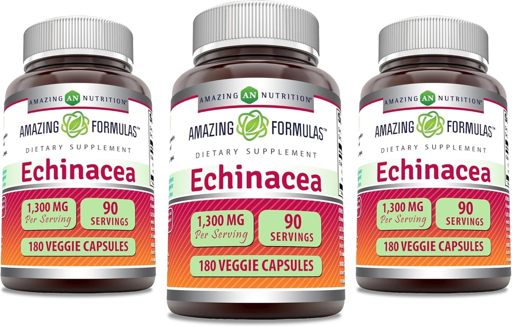 Amazing Applicas Echinacea CLAS124; 1300 Mg CLAS124; Veggie Capsle Dodatek CLAS124; Non-GMO CLAS124; Gluten Free CLAS124; Made in USA (3 balení 124; 180 Počet)