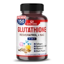 Glutathione dodatek Aktivní snížený formulář, obohacený resveratrol, NAC, kolagen, hyaluronová kyselina, vitamín C - pokročilý antioxidant pro imunitu a detox 124; 150 Kapsle