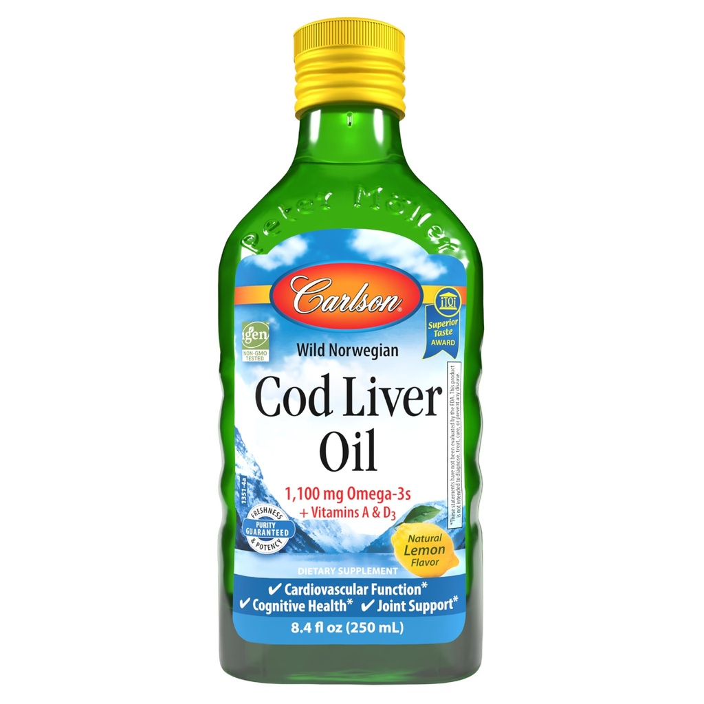 Carlson - Cod Jaterní olej, 1100 mg Omega-3s, dodatek k tekutému rybímu oleji, Wild- Casted Norsky Arctic, Udržitelně sourced Nordic Liquid, Lemon, 250 ml