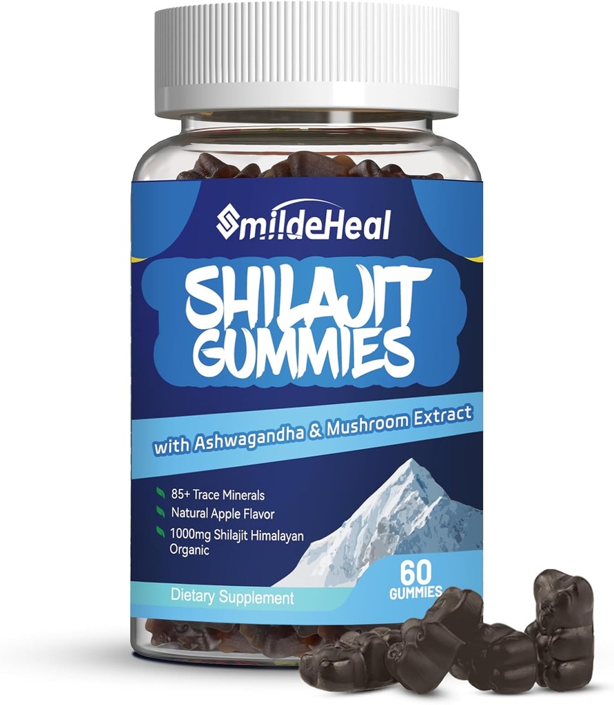 Shilajit Gummies 1000 MG, Organic Shilajit Supplement, 85 + Stopy Minerály, s Ashwagandha, Houba - Energie, Mozek, Podpora imunity, pro muže a ženy - 60 Počet