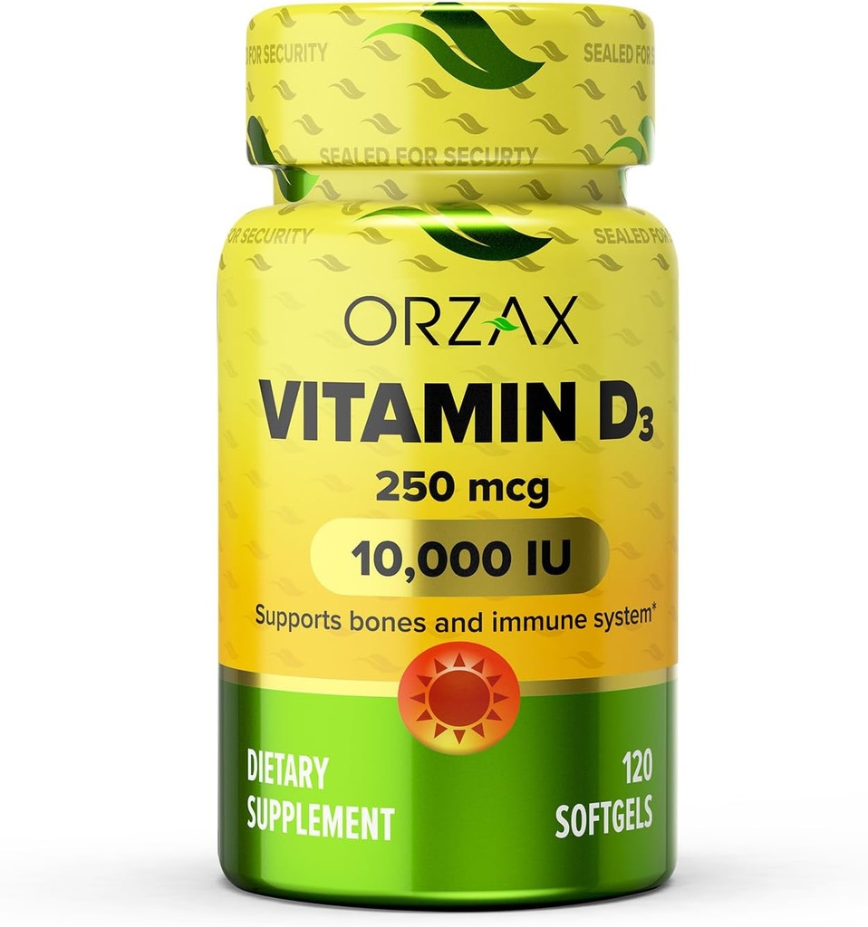 ORZAX Vitamin D3 10000 iu (250 mcg) - Non- GMO, gluten zdarma, bez cukru, mléčné výrobky zdarma - 120- denní zásoba pro silné svalové funkce a imunitní podporu - Návnadový doplněk pro wellness (120 Softgel)