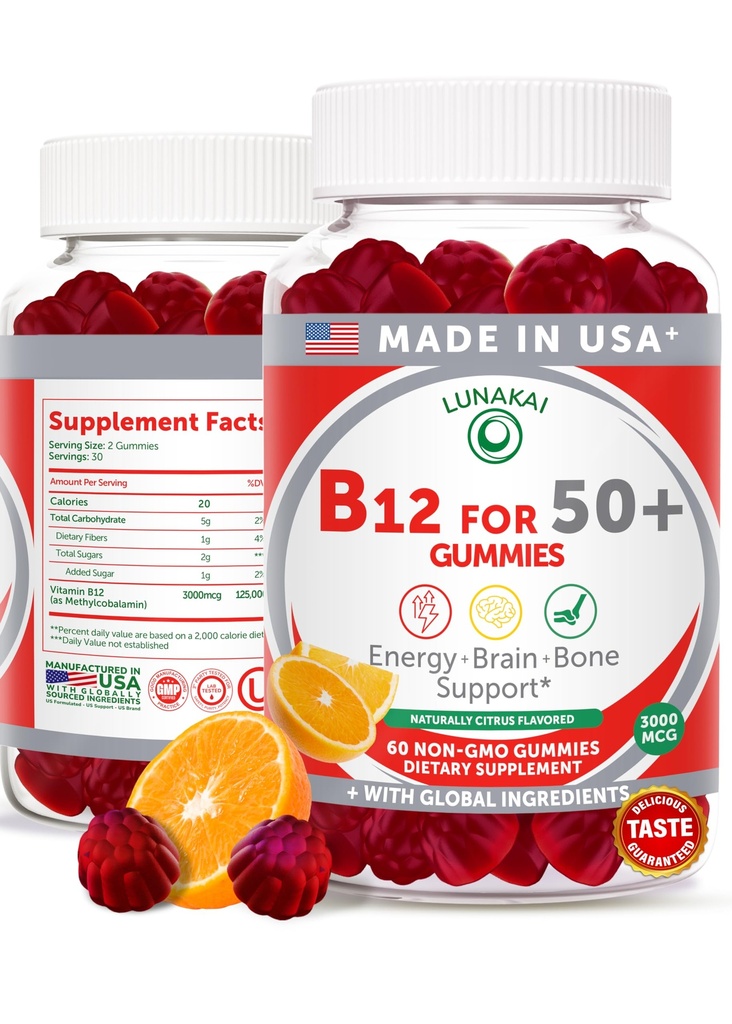 Lunakai USA Made Vitamin B12 Gummies pro dospělé 50 +, Non- GMO B12 pro Energy & Vitality Boost, Delicious Orange Flavor, 60ct