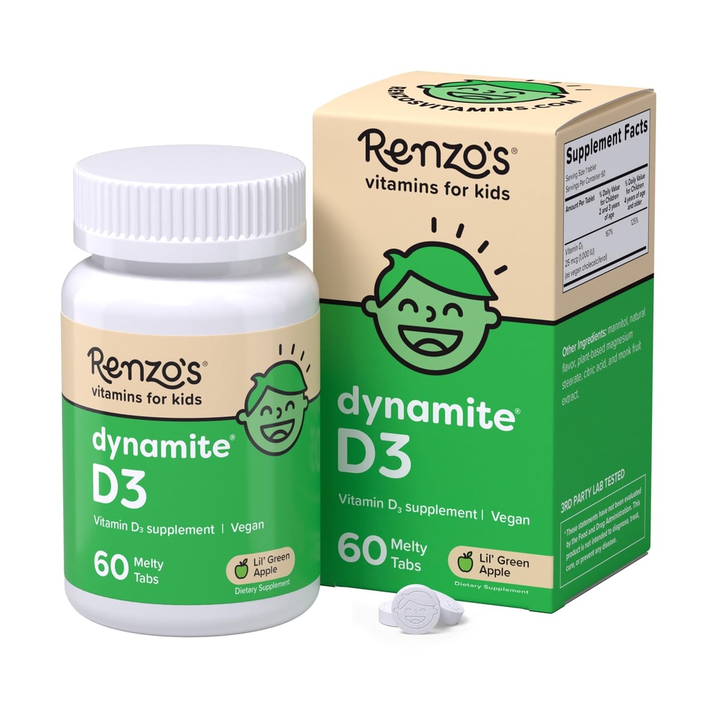 Renzův dynamit Vitamin D3, Rozpouští děti Vitamin D3, 60 Sugar- Free Melty Tabs, Lil 'Green Apple ochucené