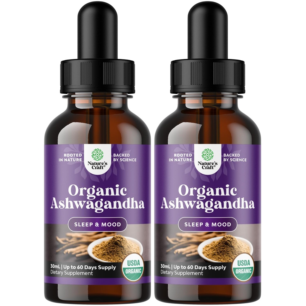 Natures Craft USDA Organic Ashwagandha Liquid Drops - Liquid Ashwagandha Root Extract for Stress and Mood Support - Chutné Adaptogenní tinktura Non GMO Vegan gluten Alkohol a cukr zdarma (2 Pack)