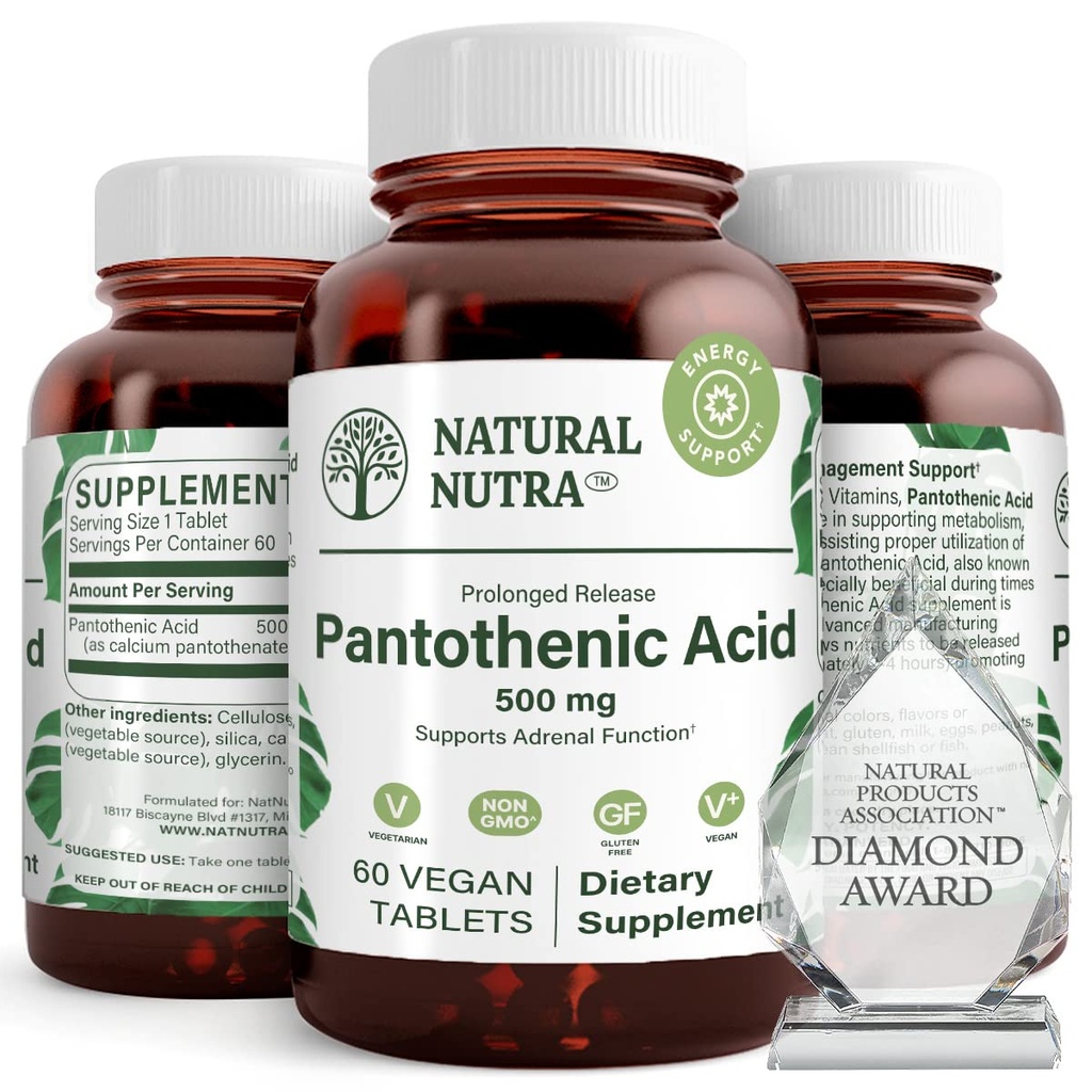 Natural Nutra Time Release Pantothenic Acid 500 mg, Vitamin B5 dodatek pomáhá lámat tuk a sacharidy, Metabolismus a energie, Zlepšit svalové zdraví, snížit kůži Spots, 60 Vegetariánské tablety