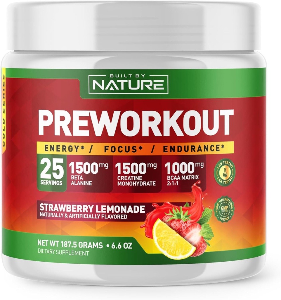 Postaven Příroda Pre Workout Powder s Beta Alanine, Creatine Monohydrát, BCAA, L Citrulline, L Arginin a kofein - Jahodová limonáda - 25 Služeb
