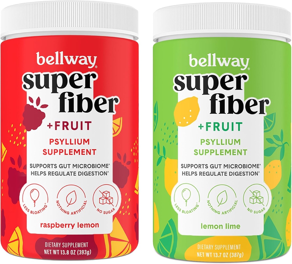 Bellway Super Fiber Powder + Ovoce, Sugar Free Organic Psylium Husk Powder Fiber Dodatek pro Regularitu, Bloating Relief & Gut Health, Non- GMO, Plant- based, Malina Lemon & Lemon Lime