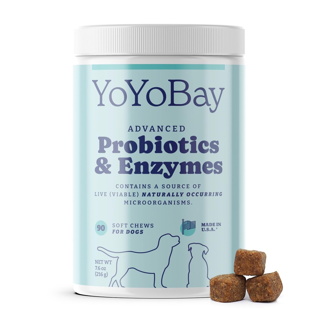 Probiotika pro psy, psí probiotika a trávicí enzymy, Pre & Probiotika nad 1 bilion CFU, pro Gut zdraví a stravitelné zdraví, kvasinková rovnováha, imunitní podpora, 90 měkkých žvýkaček