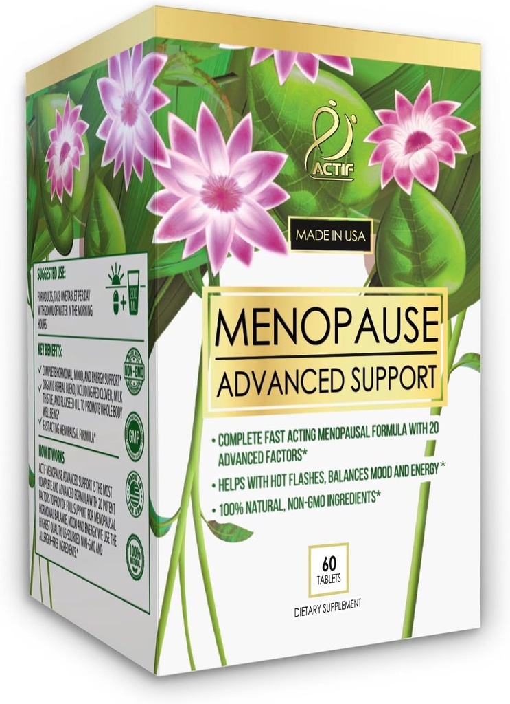 Actif Menopauza Advanced Support with 20 + Organic Vitamins and Herbs - Relieves Hot Flashs, Night Sweats - Non GMO, Fast Acting, Made in USA, 60 Count