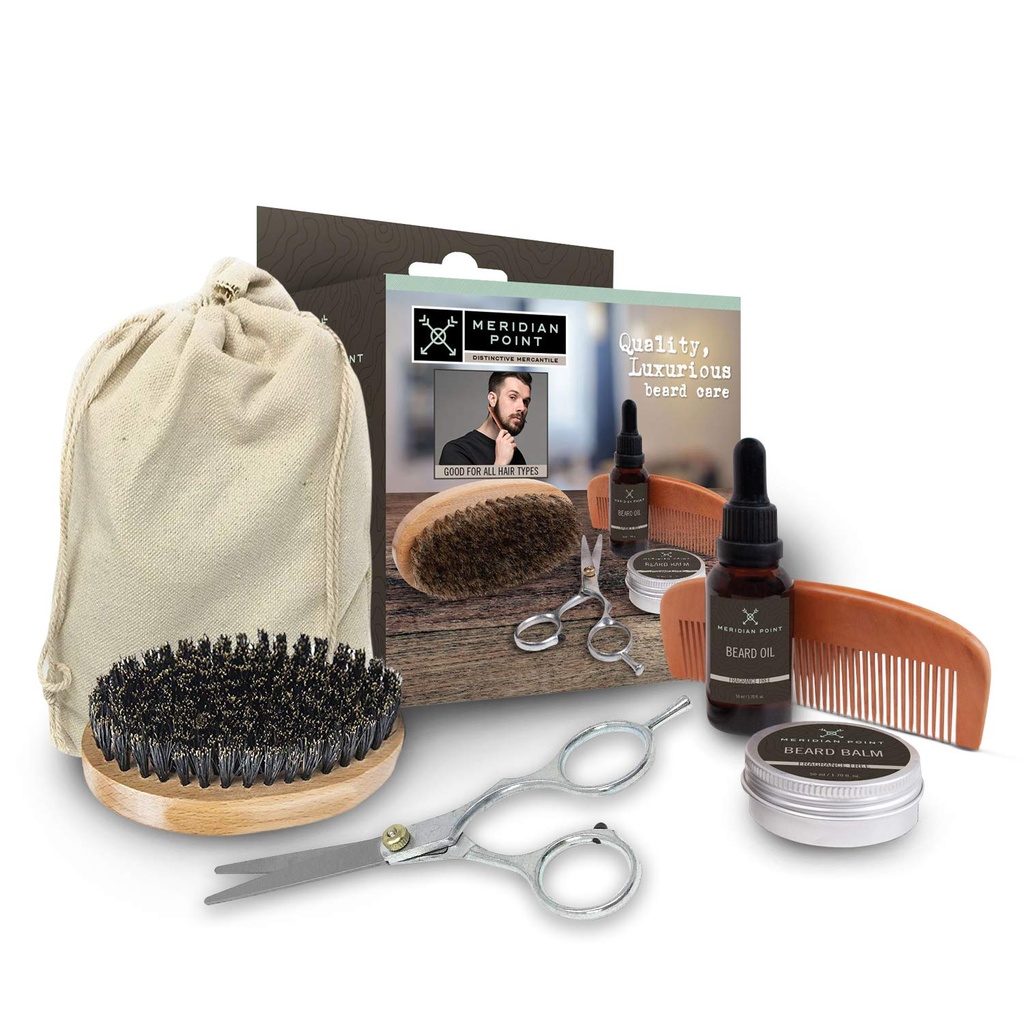 Beard Grooming Kit pro muže Beard Care Kit zahrnuje příslušenství - Neparfémovaný přírodní Beard Balm and Oil, Dřevěný Comb and Boar Bristles Brush, nerezové ocelové nůžky