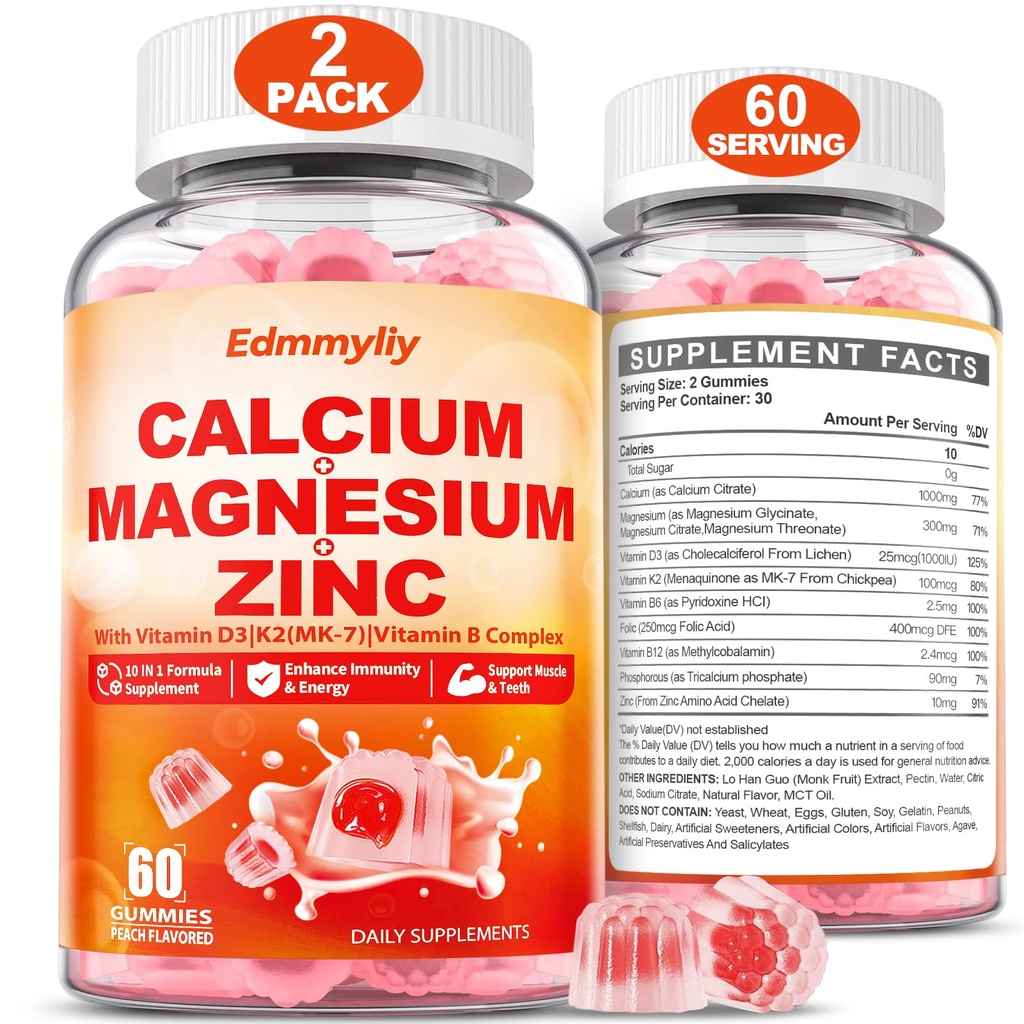 Calcium Magnesium Zinc Supplement Gummies with Vitamin D3 K2 & B Complex for Women Men 1000mg Calcium Citrate with Magnesium Gummies for Bone, Muscles & Immune Support, Sugar Free, Vegan