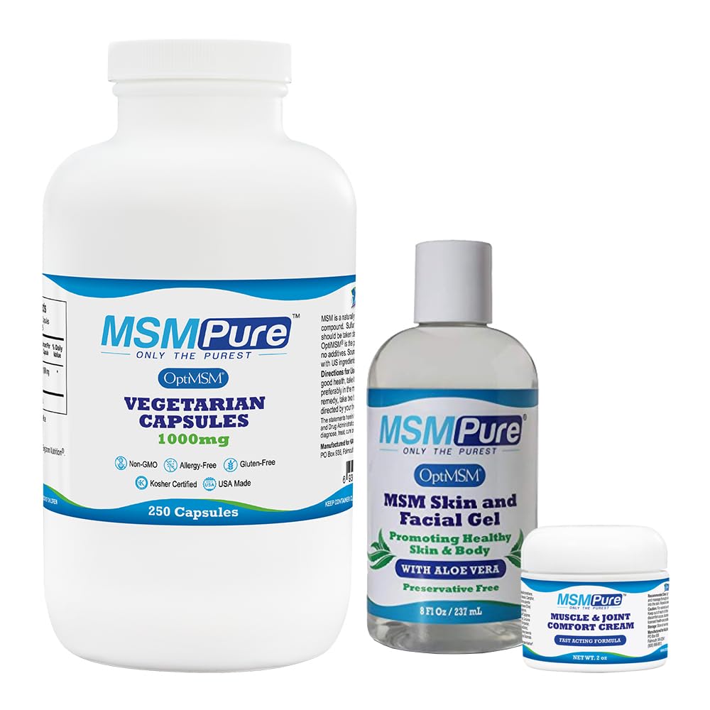 KALA ZDRAVÍ MSMPure Starter Bundle s MSM Kapsle 250 Počet, MSM Muscle & Joint Cream 2oz a MSM Gel s Organic Aloe 8oz