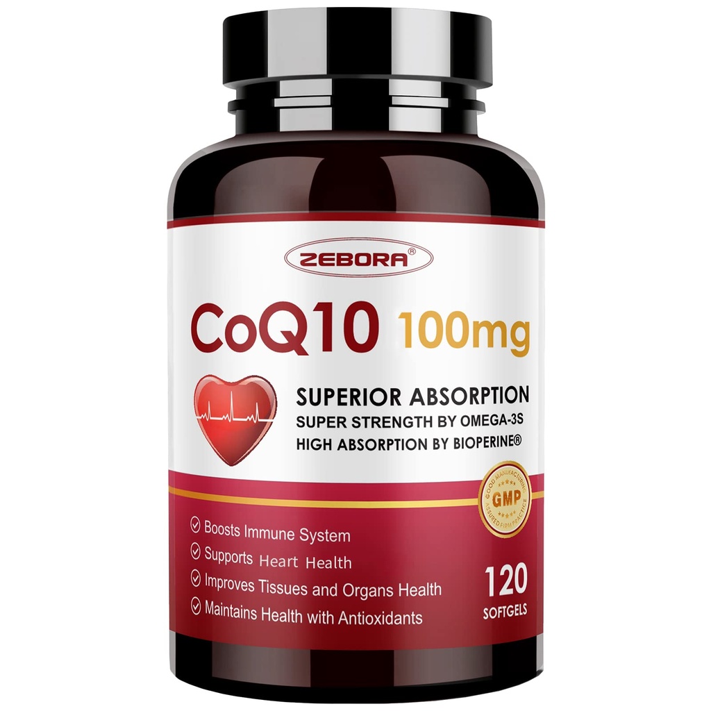 ZEBORA CoQ10-100mg-Softgels s PQQ, BioPerine & Omega33, High Absorption Coenzym Q10 dodatek, Powerful- Antioxidant, Podpora srdce & Energy-Production 120 Servings, Non- GMO
