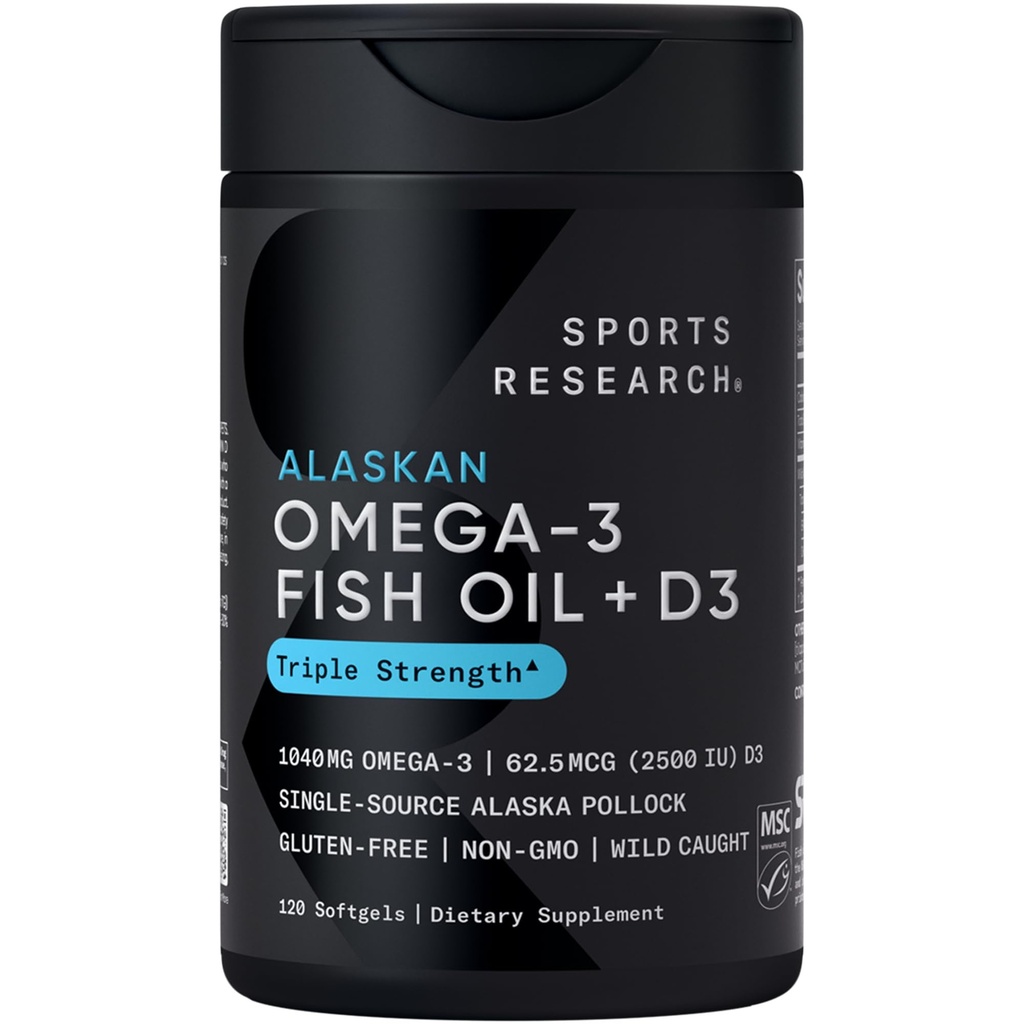 Sports Research ® Alaskan Omega-3 Fish Oil 1040mg + Vitamin D3 2500iu - Podporuje zdraví mozku a srdce - MSC Certified Sustainable · Wild- Catched · Non- GMO · Triglyceridová forma - 120 Počítání Softgels