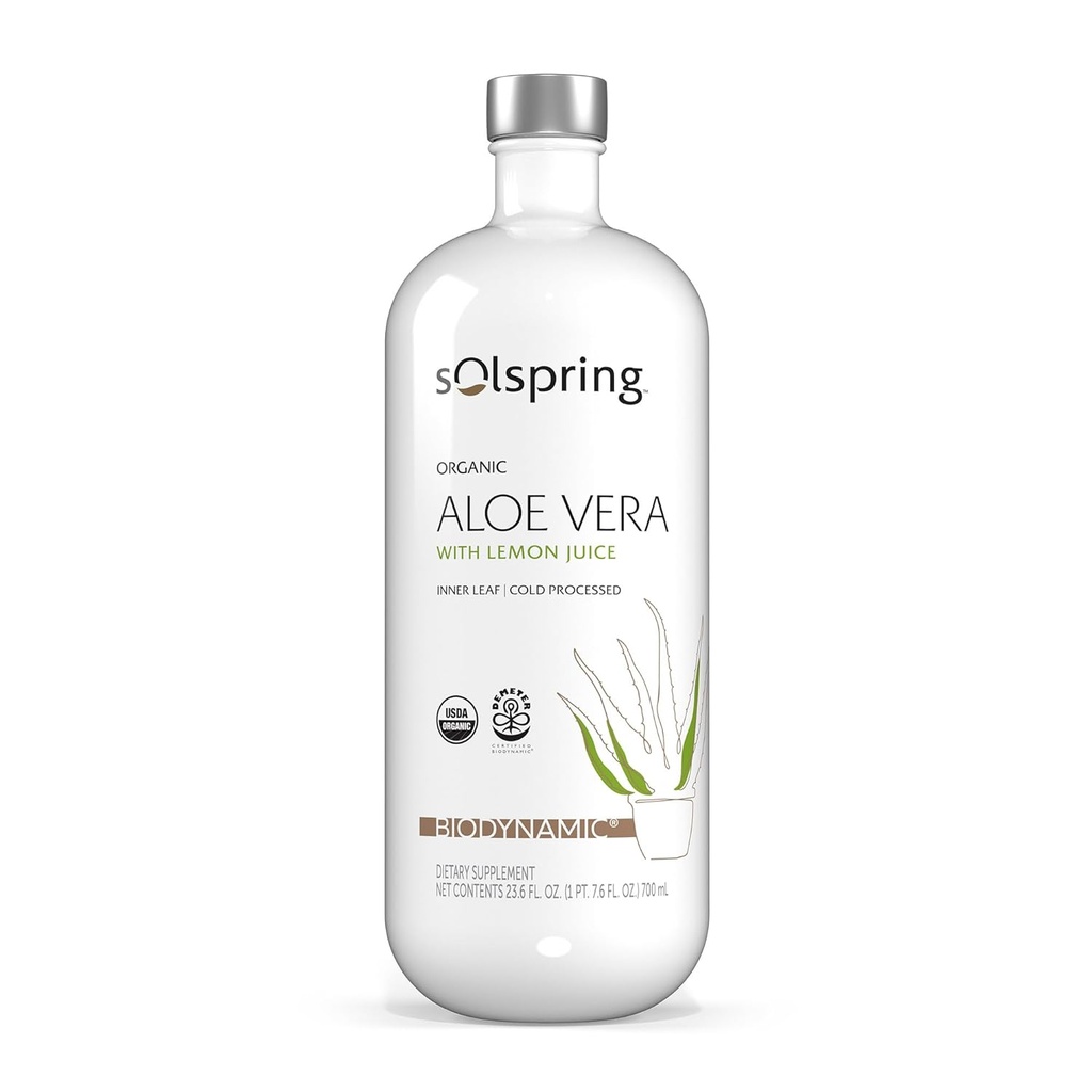 Solspring Bimodynamic Organic Aloe Vera Juice with Lemon, 23.6 Fl. Oz. (700 ml), Unpasterized, Certified USDA Organic, Regenerativní, Non-GMO, Gluten Free, Soy Free, Dr. Mercola