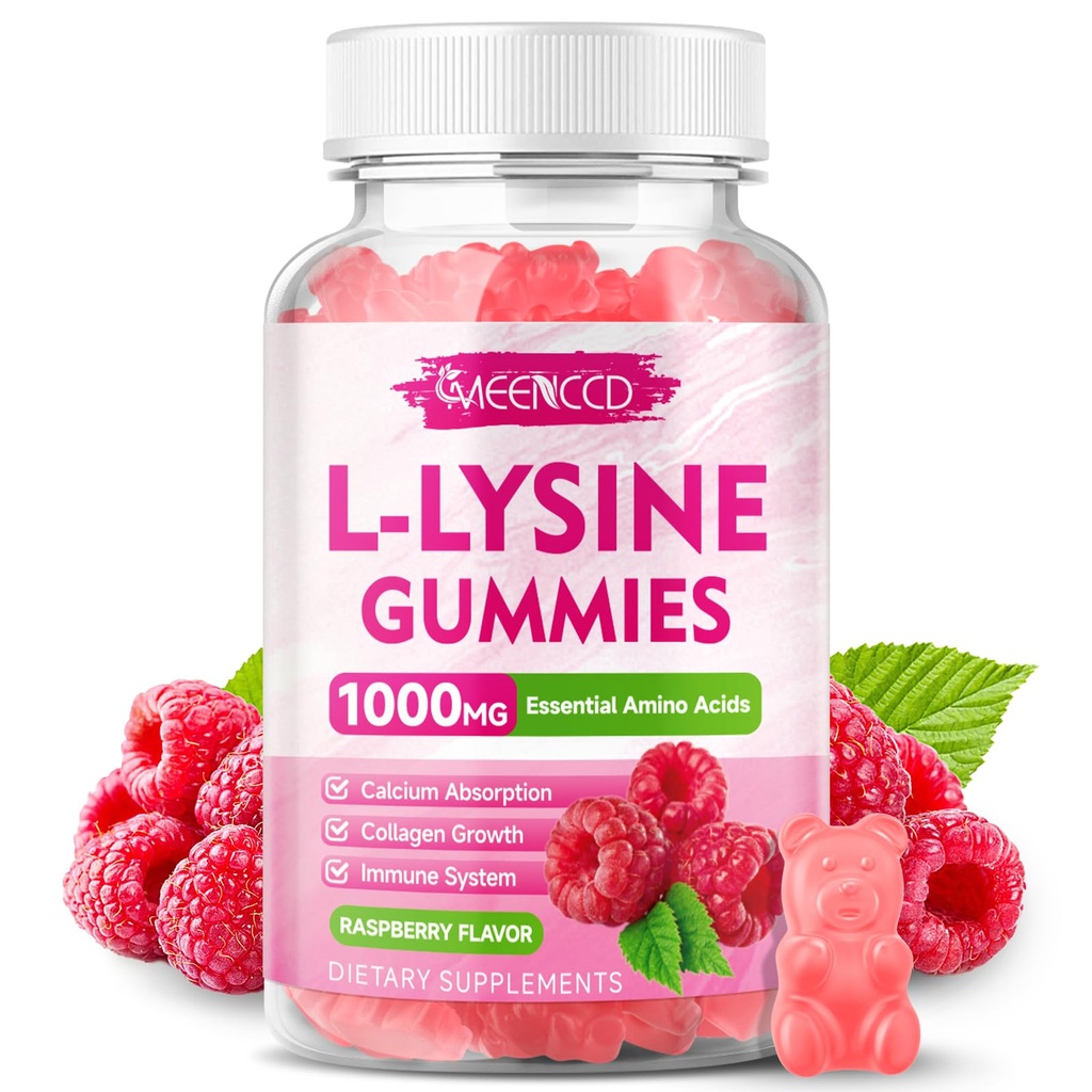 L- Lysin 1000mg Gummies, Lysin dodatek pro dospělé a děti, esenciální aminokyseliny dodatek pro rty a orální zdraví, zvýšení imunity a kolagen & vápník, Sugar- free, Malina Flavor, 60 Počet