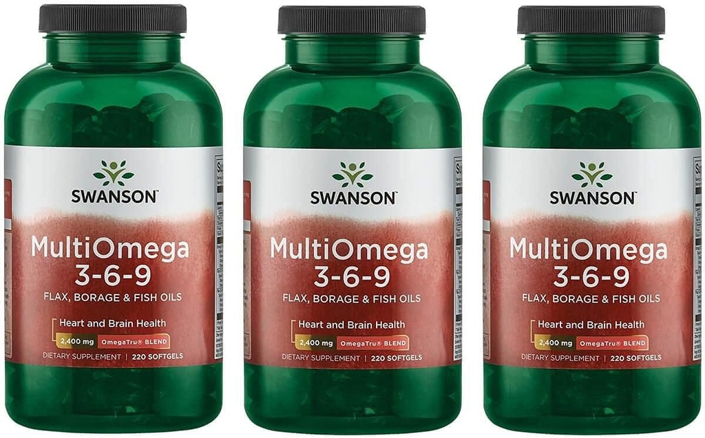 Swanson MultiOmega 3-6-9 - Non- GMO Flax Oil, Borage Oil, & 'Fish Oil Kapsle - Esenciální mastné kyseliny podporující kardiovaskulární zdraví &' Brain Health - (220 Softgels, 2400mg Serving) 3 Lahvičky