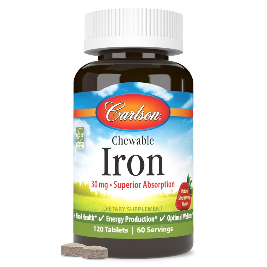 Carlson - Žvýkací železo, 30 mg, Superior Absorpce, Krvavé zdraví, Energy Production & Optimal Wellness, Žvýkací železo Dodatek pro ženy a muže, Přírodní jahodové aroma, 120 tablet
