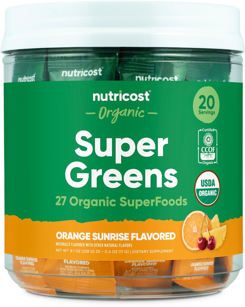 Nutricost Organic Super Green (Orange Sunrise Ochucené) 20 Stickpacks - gluten- Free, Non- GMO