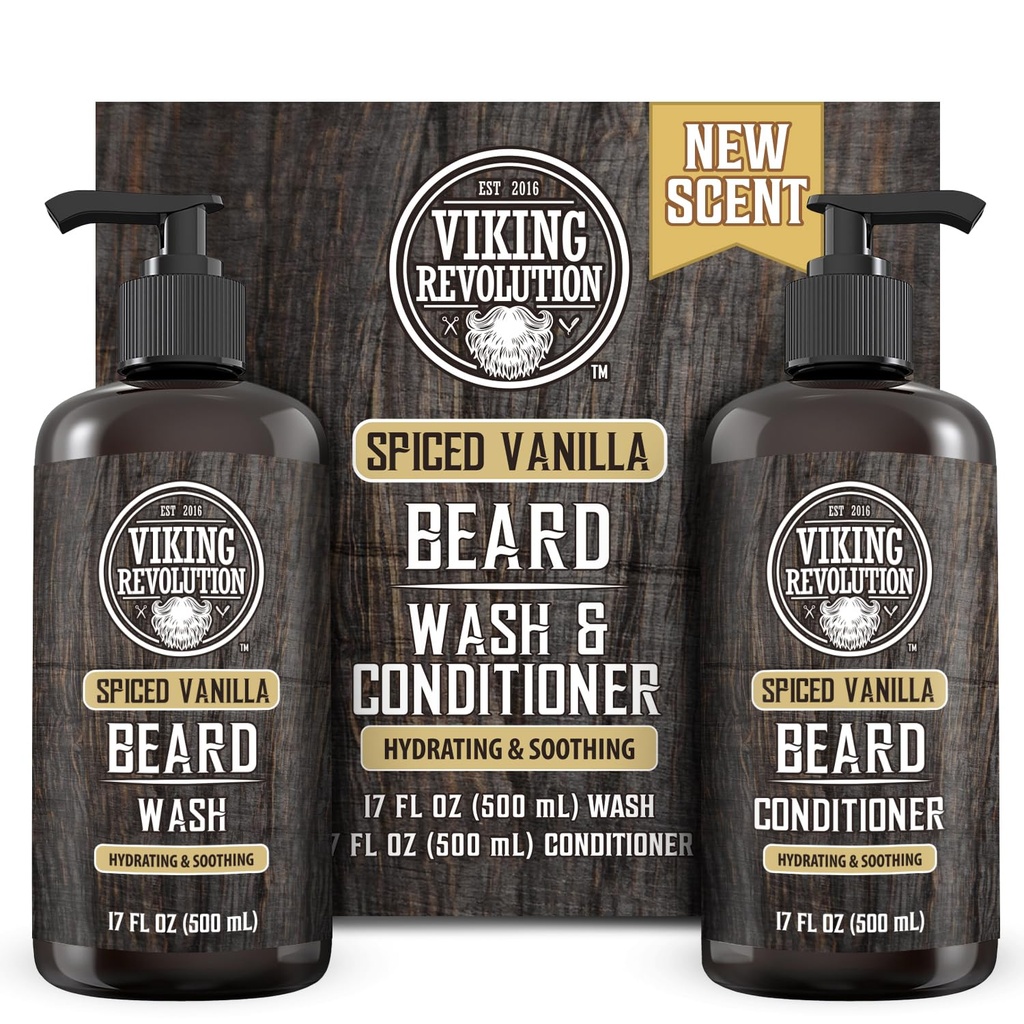Viking Revolution Beard Wash and Beard Conditioner for Men with Argan Oil and Jojoba Oil - Beard Softtener and Posilovač Beard Care Shampool and Conditioner with Beard Oil (17oz Spiced Vanilla)