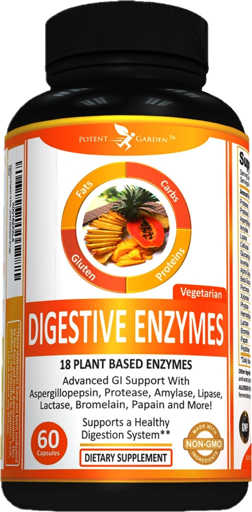 Potent Garden Digestive Enzymy - 18 Plant Based Enzymy s amylázou lipázy bromelain Protate laktáza & Other Enzymy - Jeden Pre Meal Pill Podporuje zdravé trávení a nutriční absorpce 60 Caps
