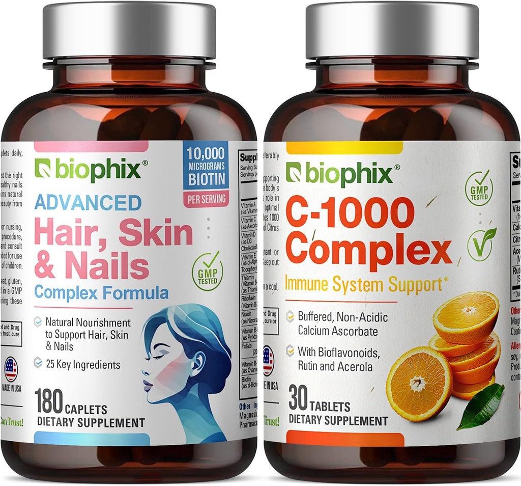 Vlasové kůže a nehty Komplex 180 Kapsle s 10000 mcg Biotin - Volný vitamin C- 1000 30 Tablety - Multivitamin podporuje silné nehty krásné vlasy zdravé stárnutí