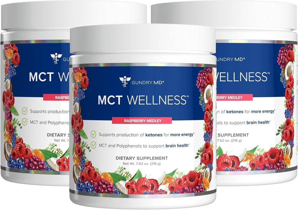 Gundry MD MCT Wellness Powder to Support Energy, Ketone Production and Brain Health, Keto Friendly, Sugar Free (90 denní dodávka, Malina Medley)